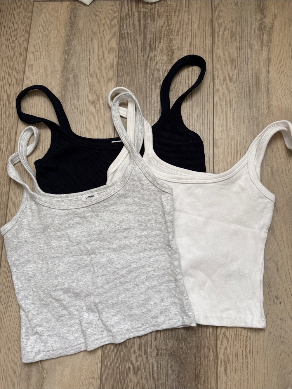Garage Ribbed Tank Crop Trio - Black, White, Heather Gray
